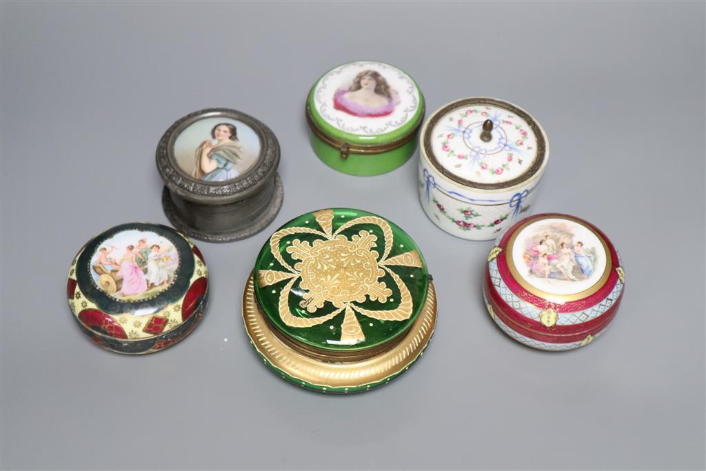 Six 19th century Continental circular trinket boxes, each covered, largest 13cm